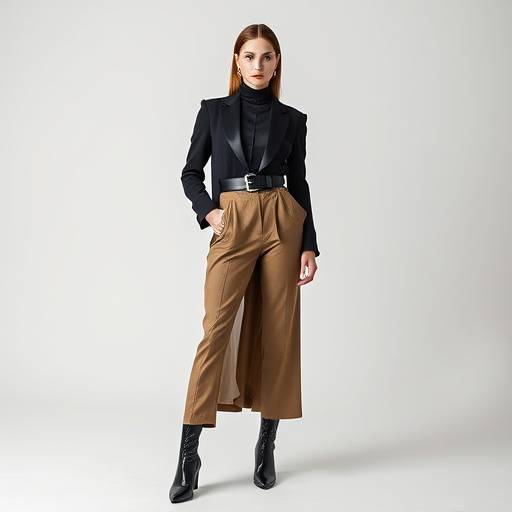 A high-fashion editorial spread featuring a model in avant-garde attire against a minimalist backdrop in Studio C.