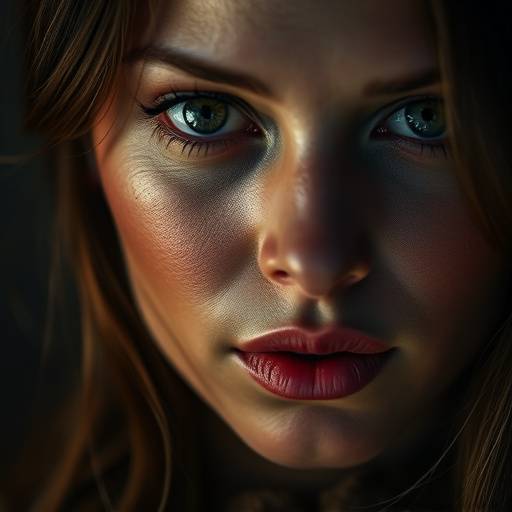 A striking close-up portrait of a woman with dramatic lighting, captured in our Studio A.
