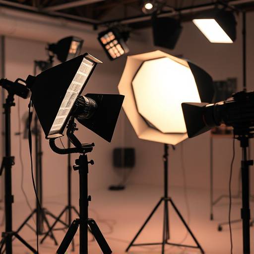 A variety of professional photography lighting equipment in a studio setting