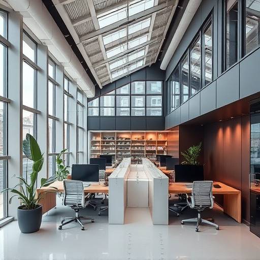 An interior architectural shot of a modern office space, highlighting design elements and scale using Studio D's expansive area.