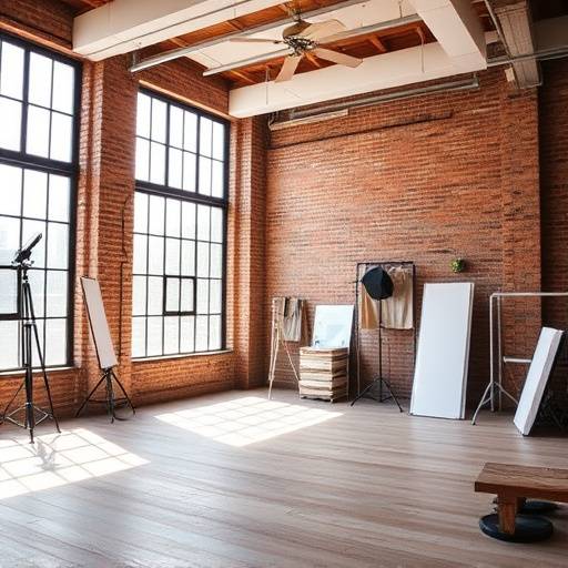 Bright and airy loft studio with large windows and exposed brick walls, ideal for fashion shoots.