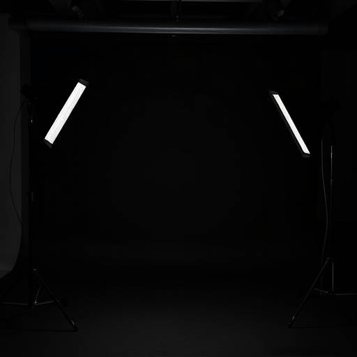 Dark, atmospheric photo studio with professional lighting equipment and a black seamless backdrop.