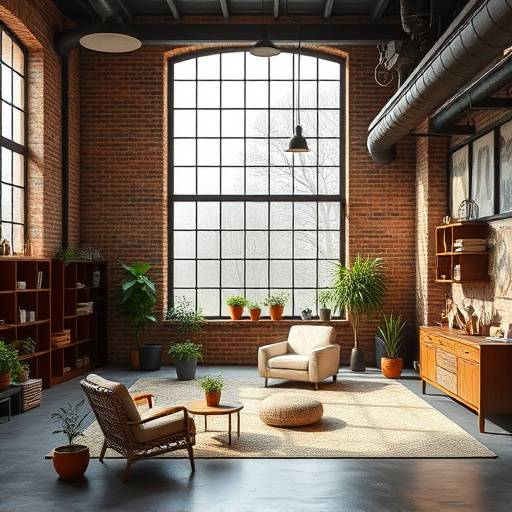 Industrial-chic photo studio with exposed brick, large windows, and diverse props.