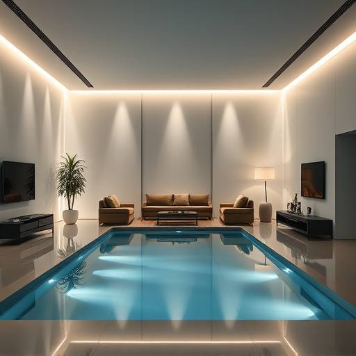 Modern urban studio with sleek furniture, moody lighting, and a large infinity cove, suitable for portraits and commercial work.