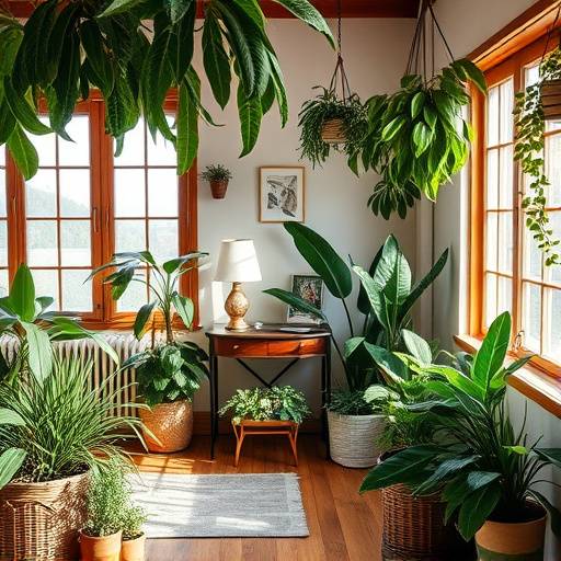Tranquil studio filled with lush plants, warm lighting, and natural wood accents, perfect for wellness and botanical photography.
